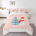 Castle Fairy Cartoon Christmas Comforter Set King Size,Xmas Cute Snowman Pine Trees Bedding Set All Season Quilt Set,Pink Cream Candy Girly Funny Microfiber Polyester Down Comforter