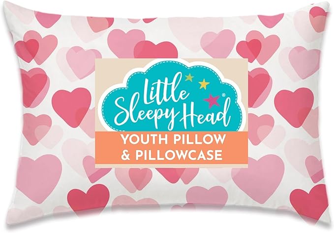 Little Sleepy Head Youth Pillow with Pillowcase 16x22, Soft Jumbo Toddler Pillows, Hypoallergenic Pillow Case - Best Kids Pillows for Sleeping, Perfect Kids Travel Pillows (Heart Pink)