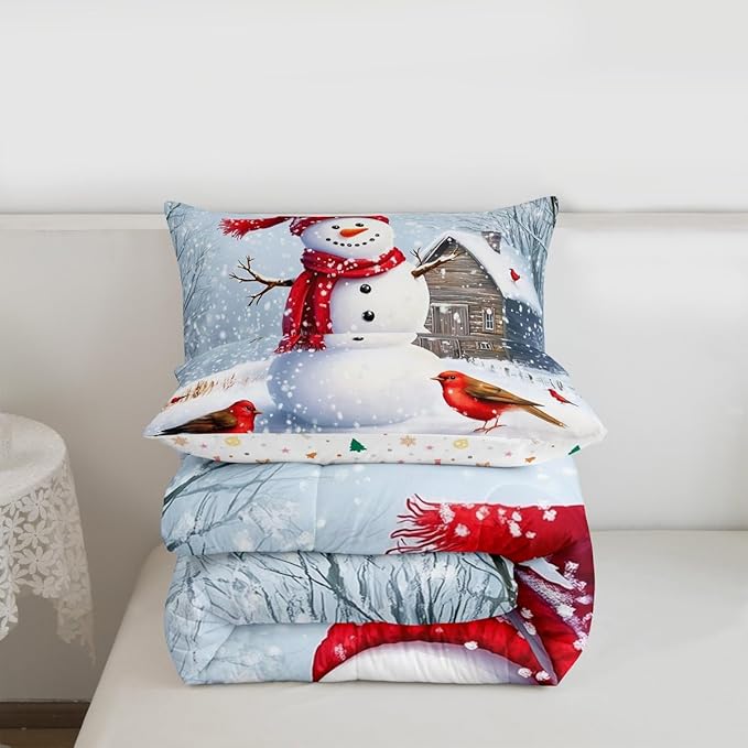 Feelyou Merry Christmas Comforter Set All Season Cute Snowman Bedding Set with 2 Pillow Cases Snowflake Microfiber Kids King Bedclothes Winter Bedroom Decor Duvet Quilt Breathable Soft Lightweight