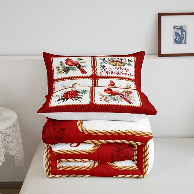 Christmas Comforter Set Toddler Size,Xmas Cardinals Floral Bells Checkered Bedding Set for Kids Girls Adult,Cute Bird Rustic Grid Watercolor Red Plaid Geometric Quilted Set with 1 Pillowcase