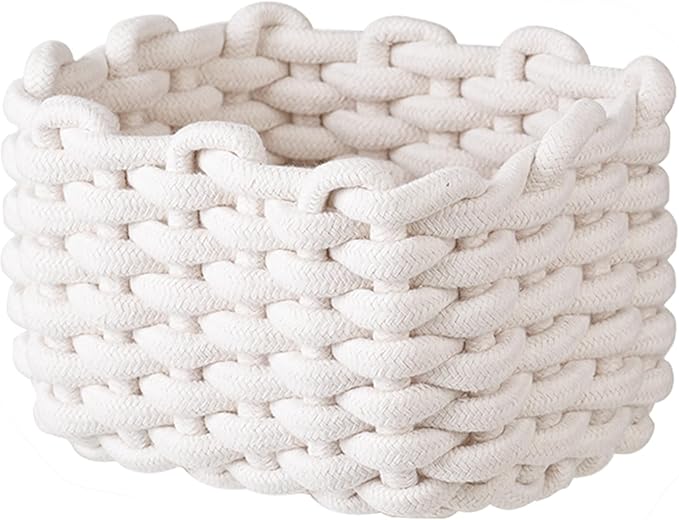 Small Storage Square Basket for Organizing, Cute Bedside Caddy for Little Items, Cotton Rope Woven Basket for Shelves, Bathroom, Dresser Top, Desk, Minimalist Chic Design for Nursery, Bedroom, Office