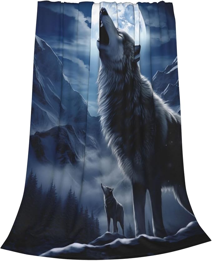 Snowy Mountain Wolf Blanket Gifts Moonlit Night Wolves Flannel Throw Blankets for Home Decor Couch Bed Sofa Soft Fuzzy Lightweight for All Season 80x60 Inches