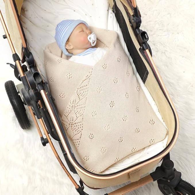 LAWKUL Cellular Blanket Baby 100% Cotton Knitted Soft Babe Crochet Blankets for Newborn Boy Girls Toddler Beige 100x80cm
