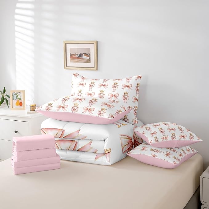 7 Pieces Cartoon Nutcracker Kids Comforter Set Queen,Pink Bowknot Romantic Princess Bedding Set,Ballet Merry Christmas Bow Tie Dreamy（Comforter+Fitted+Flat Sheet+2 Pillowcases+2 Throw Pillow Covers）