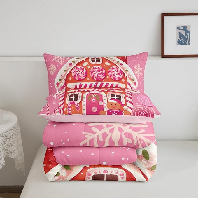 jejeloiu Kids Christmas Theme Comforter Set King Size Xmas Gingerbread Man Candy Cane House Bedding Set for Boys Girls Teens Hot Pink Winter Happy New Year Duvet Quilt Room Decor