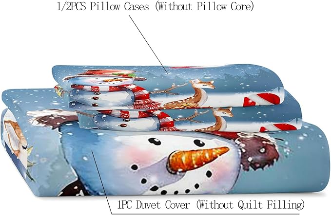 LUVIVIHOME 2PCS Cute Snowman Duvet Cover Twin Bedding Sets, Christmas Bedding, Santa Claus Deer Cardinal Christmas Tree Winter Holiday New Year Xmas Gifts Christmas Comforter Quilt Cover 1 Pillow Sham