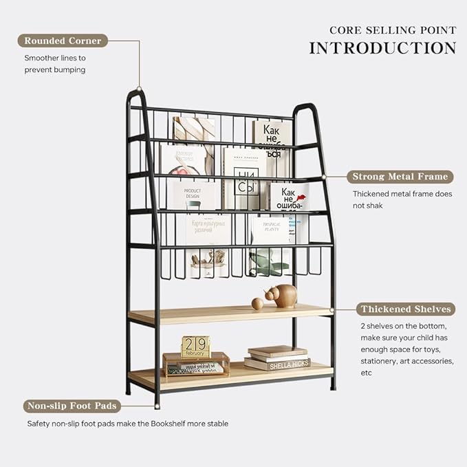 Metal Kids Bookshelf and Toy Storage Organizer,6 Tier Childrens Bookcase,Magazine Rack Floor, Book Shelf for Kids Rooms Classroom Nursery Living Room Office (Black, L:23.62")