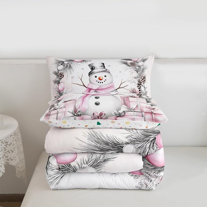 Feelyou Merry Christmas Comforter Set All Season Cute Snowman Bedding Set with 2 Pillow Cases Microfiber Kids King Bedclothes Snowflake Bedroom Decor Duvet Quilt Breathable Soft