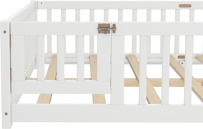 Harper & Bright Designs Queen Floor Bed Frame with Safety High Fence, Wood Montessori Beds with Door, Floor Bed Queen with Solid Wood Support Slats for Boys, Girls, Kids, White