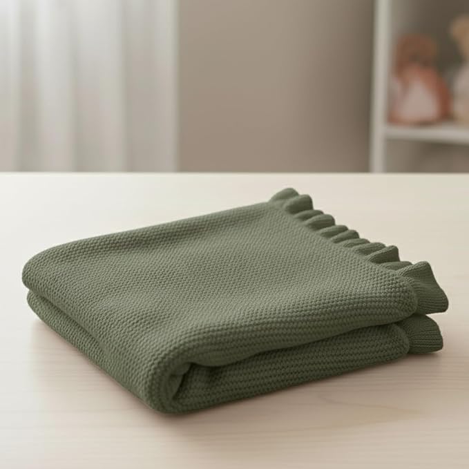 Cotton Baby Blanket with Ruffle Edge Soft Breathable Newborn Blanket for Boys & Girls, Lightweight Knit Throw for Crib, Stroller & Nursery Multiple Colors Available Green 30x30
