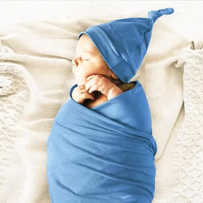 Newborn Swaddle Blanket with Hat Set Baby Swaddle Set Hospital Receiving Blankets for Girls Boys(Steel Blue,35"*35")