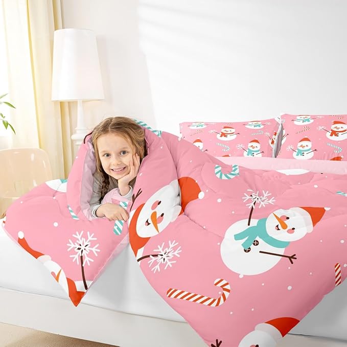 Feelyou Pink Christmas Bedding Set Soft for Boys Girls, Snowman Comforter Set Full Size Snowflake Duvet Quilt Microfiber Candy Cane Bedroom Decor 3 Pcs with 2 Pillow Cases