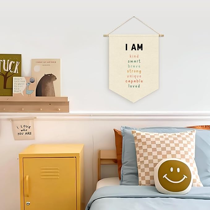 Affirmations Wall Hanging Art for Kids, Nursery Decor, I am Enough, Classroom Decor Canvas Banner, I am Kind Smart Loved, Kids Affirmations Nursery Wall Art Canvas Hanging Pennant Flag Banner