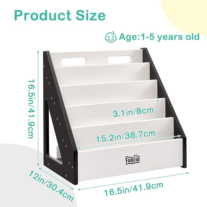 FUNLIO Montessori Bookshelf for Toddlers 1-5 Years, Front-Facing Kids Bookcase with Handle & Anti-Tilting Device, Premium Pine Baby Bookshelf, Children's Bookcase for Nursery/Classroom - Black &White