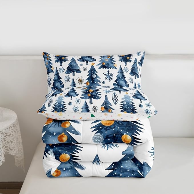 Feelyou Christmas Kids Comforter Set Toddler Size Xmas Tree Bedding Set Snowflake Duvet Quilt for Kids Boys Girls Bedroom Watercolor Blue Decor Microfiber Ultra Soft Breathable