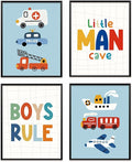 VONTP Boys Room Wall Art Decor, Little Man Cave Boys Rule Vehicle Transports Prints Poster Wall Decorations for Kids Boy Nursery Toddler Room Bedroom Playroom, 8x10 Inch Set of 4 (Unframed)