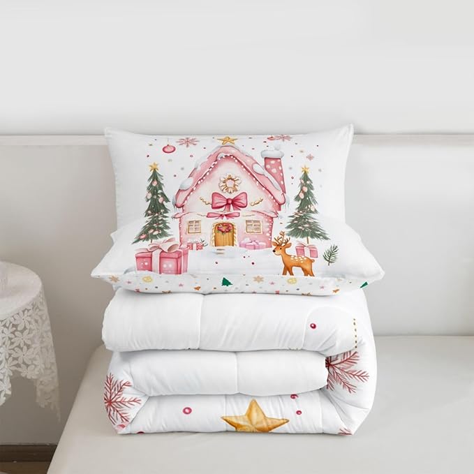 Feelyou Gingerbread House Bedding Set Soft for Boys Girls, Christmas Tree Comforter Set Full Size Reindeer Duvet Quilt Microfiber Snowflake Bedroom Decor Holiday Scene 3 Pcs with 2 Pillow Cases