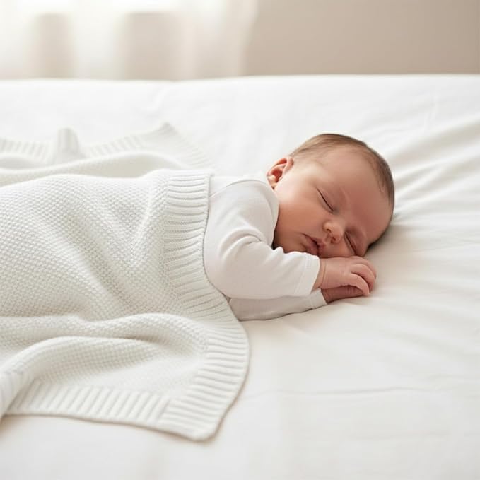Baby Knit Blanket Soft Cotton Lightweight Newborn Blanket for Crib Stroller Toddler Nursery Shower Gift Cozy Breathable Travel Swaddle Wrap White 30 x 30 Inches