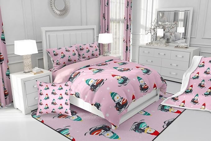 Feelyou Christmas Kids Comforter Set Queen Size Pink Penguin Bedding Set Cartoon Penguin Skiing Duvet Quilt for Kids Boys Girls Bedroom Snowflake Decor Microfiber Ultra Soft Breathable