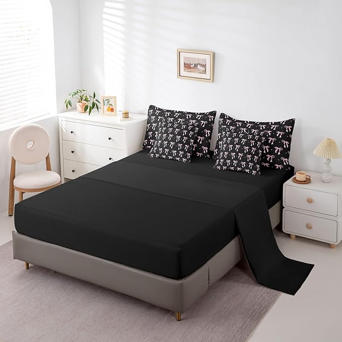 7 Pieces Pink Bowknot Kids Comforter Twin,Stars Watercolor Bow Tie Patchwork Bedding Set,Butterfly Knot Princess Black Noble Chic（Comforter+Fitted+Flat Sheet+2 Pillowcases+2 Throw Pillow Covers）