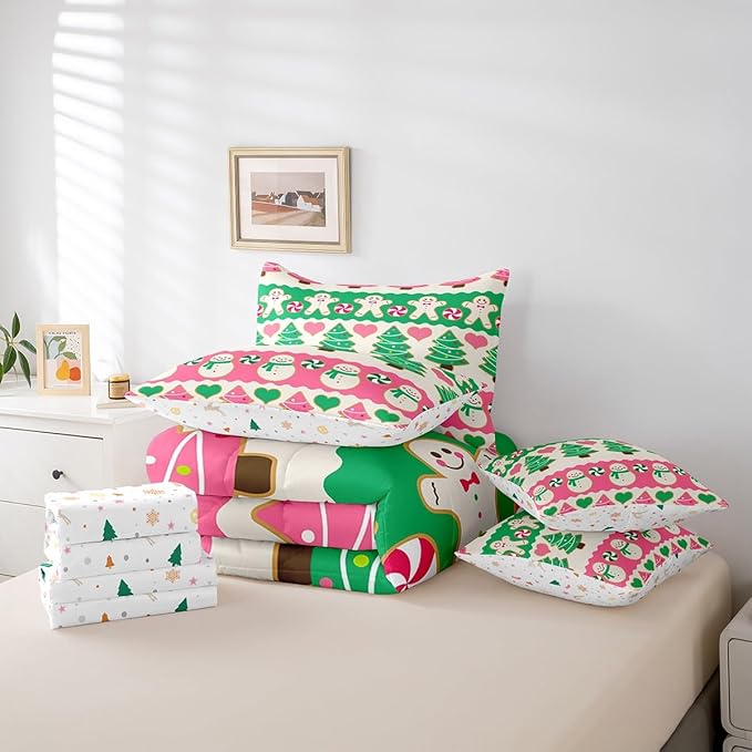 Feelyou Christmas Tree Bedding Set for Kids Boys Girls Cute Cartoon Gingerbread Man Bed in a Bag Snowman Bedding Set Decor Kawaii Xmas Theme Bed Set 7Pcs Queen Size