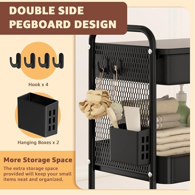 3 Tier Rolling Cart with Drawer, Metal Rolling Utility Cart on Wheels with Pegboard, Art Cart Storage Organizer with Tabletop for Living Room, Office, Bedroom (Black)