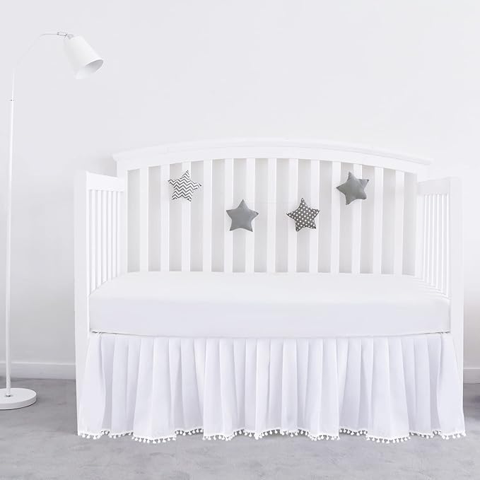 Crib Bed Skirt White for Girls Boys Pleated with Tassel Pompoms Dust Ruffled 14" Drop, Fit All Standard Crib Toddler Bed Skin-Friendly & Soft Machine Washable Nursery Bedding Skirts