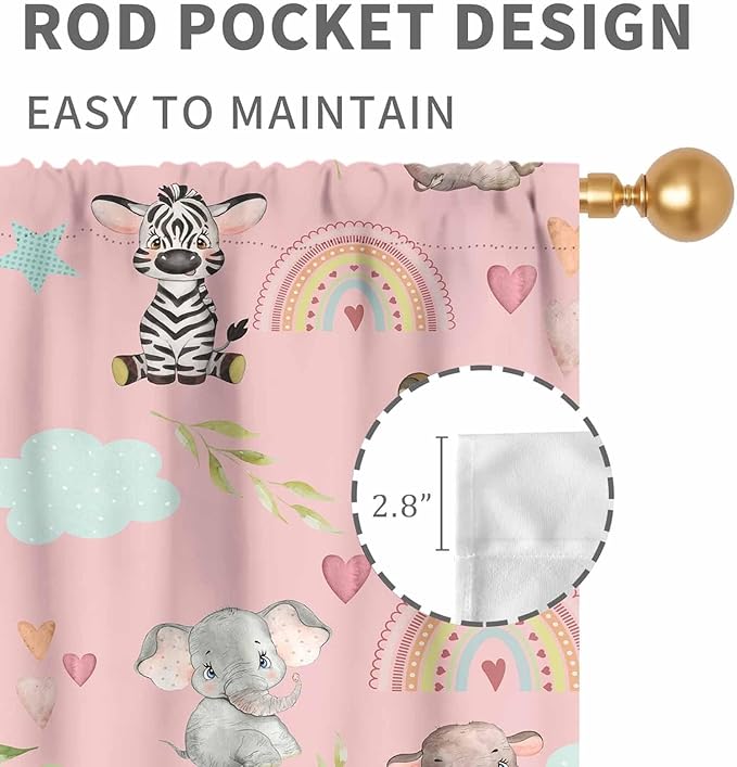 Kids Safari Animals Curtains, Cartoon Giraffe Elephant Monkey Woodland Jungle Pink Window Drapery Treatments for Boys Girls Baby Living Room Bedroom Nursery Classroom 2 Panels, 52"x84" Inch