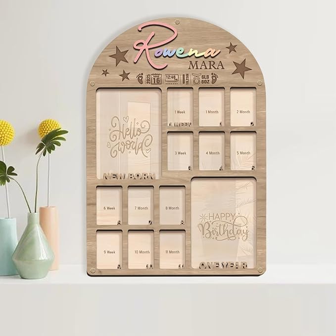 Baby’s First Year Photo Frame – Wooden 12 Months Picture Frame for Newborn Memories, My First Year Picture Board Wall Decor, One Year Baby Photo Display Keepsake