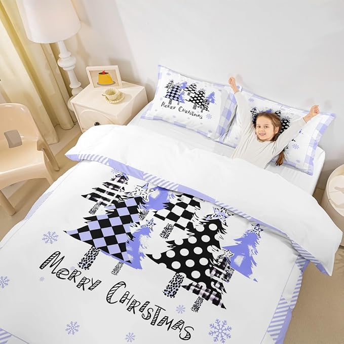 Manfei Xmas Trees Duvet Cover Set Twin Size, Blue Plaid Grid Snowflake Bedding Set for Kids Girls Boys Room Decor, Christmas Theme Comforter Cover New Year Quilt Cover with 1 Pillowcase, No Comforter