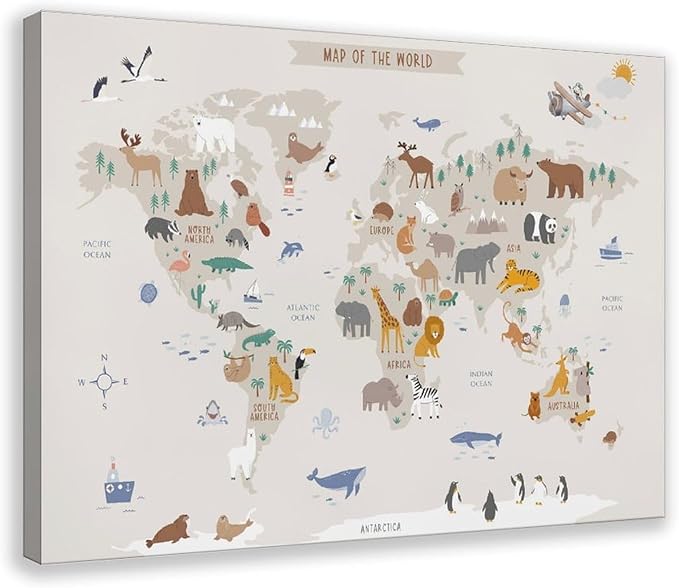KIPNG Kids World Map - Playroom Animal World Map - Nursery Educational Poster Canvas Poster Bedroom Sports Landscape Office Room Gift Frame-style20x30inch(50x75cm)