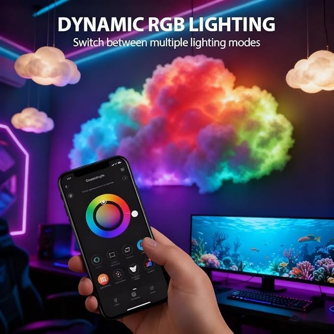 LED Cloud Light with Music Rhythm,DIY USB-Powered Thundercloud LED Light Decor for Bedroom & Gaming Room - USB Powered,Vibrant Glow, No Drill Roof for Christmas/New Year Gifts (6.56ft)