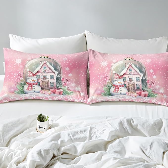 Manfei Christmas Duvet Cover Set Queen Size, Pink Castle and Snowman Print Bedding Set 3pcs for Kids Girls Teens Bedroom Decor, New Year Snowflake Print Comforter Cover with 2 Pillowcases,No Comforter