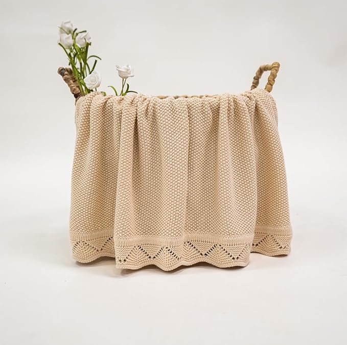 Baby Knit Blanket Soft Breathable Cotton Scallop Border Blankets Newborn Knitted Blanket Swaddle Blankets Gifts for Baby Newborn Toddler Shower Boy Girl New Mom Birthday Christmas Beige 30x40