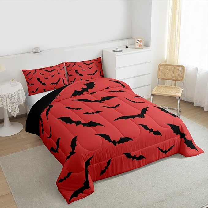 Erosebridal Black Bats Bedding Set Halloween Themed Comforter Set Toddler Size,Bat Spooky Gothic Quilt for Kids Boys Girls Adults Red Halloween Decorations Duvet Insert,Goth Room Decor