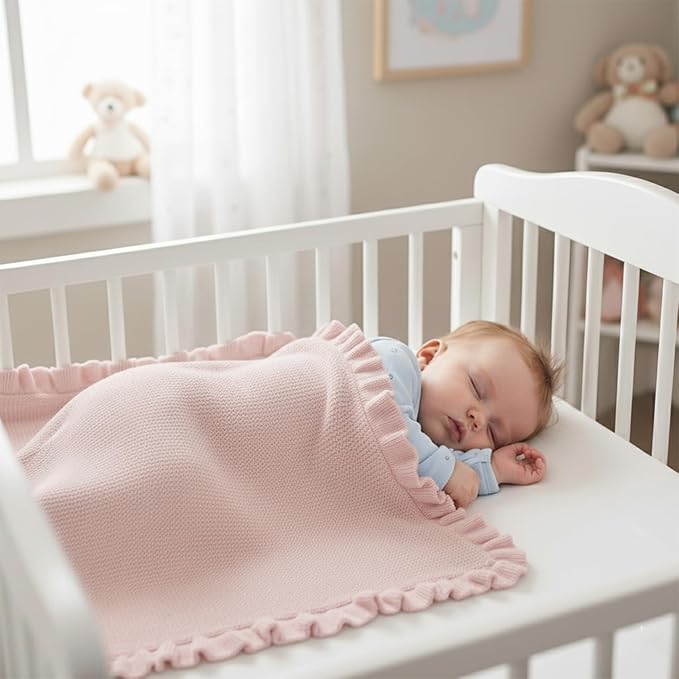 Cotton Baby Blanket with Ruffle Edge Soft Breathable Newborn Blanket for Boys & Girls, Lightweight Knit Throw for Crib, Stroller & Nursery Multiple Colors Available Rose Pink 30x30