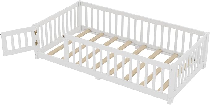 Bellemave Twin Size Floor Bed with Rails for Kids, Girls, Boys, Pine,Plywood Floor Bed with slats and Door, White