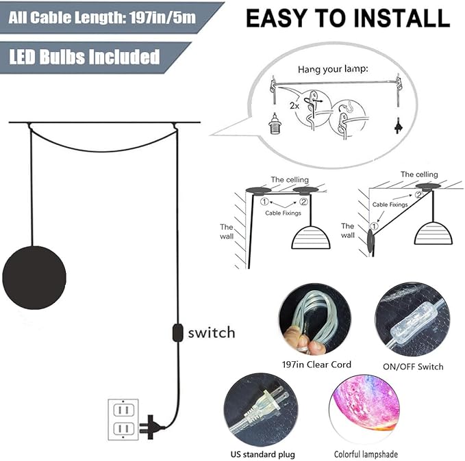 Plug in Pendant Light Fixtures Hanging Ceiling Lamp 16.4ft Cord,7in Colorful Hanging Moon Lamp Galaxy Lamp for Kids Bedroom,Led Moon Light Gift for Girls&Boys Lover Birthday(Bulb Included)