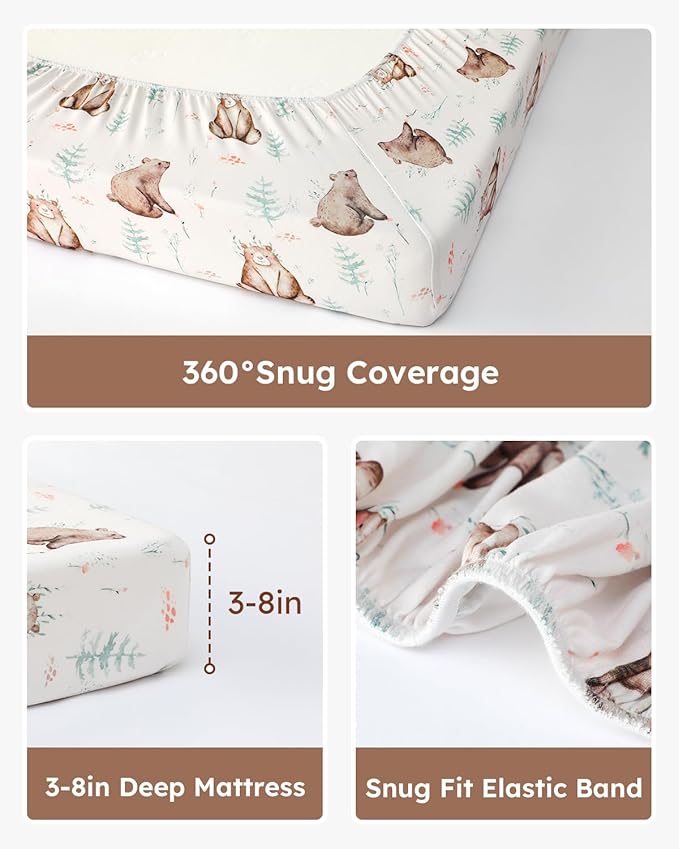 Pack and Play Sheets Fitted, 3 Pack Soft Stretchy Baby Mini Crib Sheets for Pack N Play Mattress and Portable Playard Sheets for Boys and Girls Brown Bear Deer