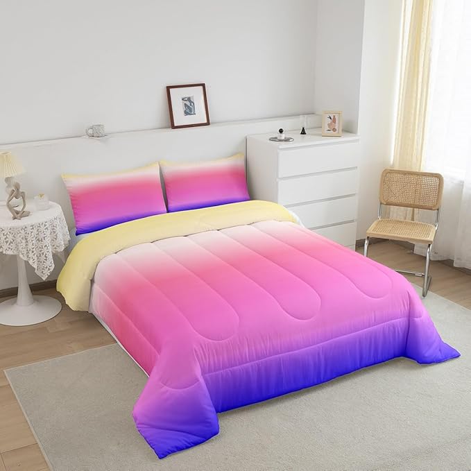 Ombre Comforter Set Full - Pink Purple Rainbow Bedding for Boys Girls, Colorful Gradient Duvet Set, Decorative 3Pcs