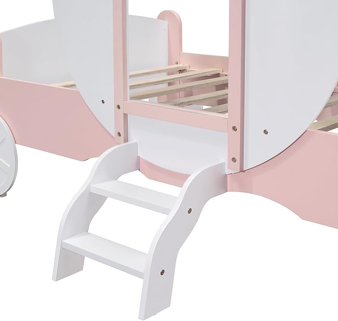 Twin Size Princess Carriage Bed Frame for Boys Girls Kids Toddler with Crown, Wood Platform Car Bed with Stair, White+Pink