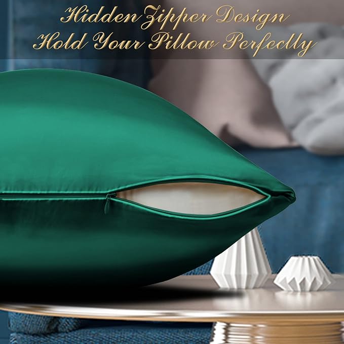 100% Mulberry Silk Pillowcase 2 Pack for Hair and Skin,with Hidden Zipper,Both Sides 22 Momme Natural Silk Pillow Cover,Soft Breathable & Smooth (Dark Green, Queen)