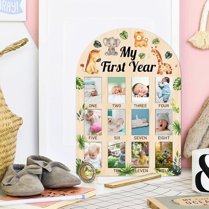 ORIGACH My First Year Baby Growth Photo Display Wood Board - 12 Months Newborn Milestones Picture Frame - Neutral Baby Keepsake Board 1st Birthday Party Nursery Decor New Mom Gift - Jungle Animals
