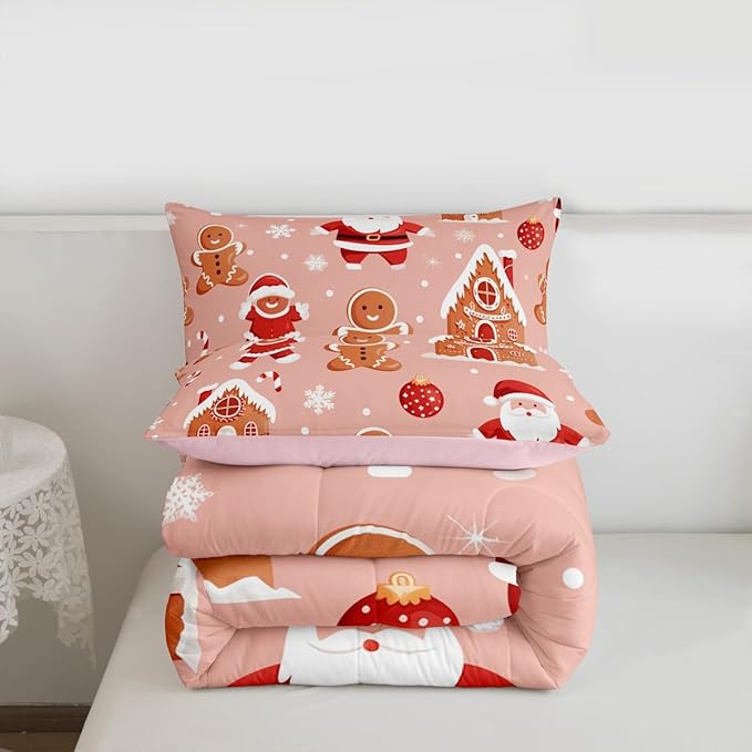 Feelyou Christmas Kids Comforter Set King Size Santa Bedding Set Gingerbread Man Duvet Quilt for Kids Boys Girls Bedroom Snowflake Decor Microfiber Ultra Soft Breathable