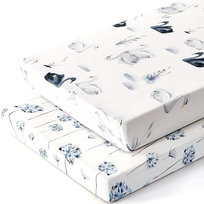 Pack n Play Sheets Fitted 2 Pack, Stretchy Ultra Soft Jersey Knit Pack and Play Sheets, Universal Fitted Portable/Mini Crib Mattresses Snug and Safe, Stylish Pattern for Boy and Girl
