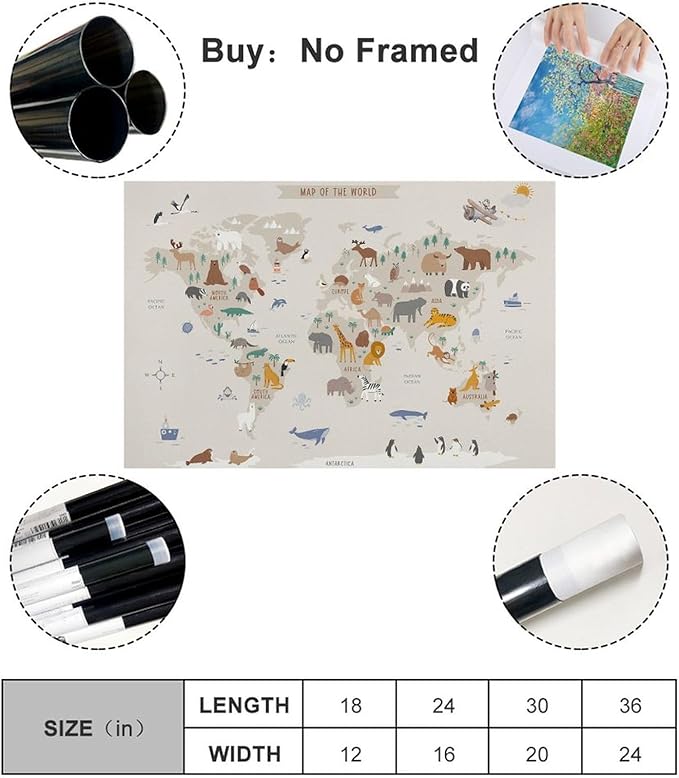 KIPNG Kids World Map - Playroom Animal World Map - Nursery Educational Poster Canvas Poster Wall Art Picture Paintings for Living Room Bedroom Decoration Unframe-style16x24inch(40x60cm)
