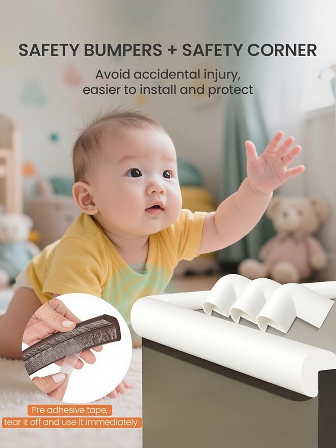 Baby Proof Edge Corner Protector, 6.56FT 0.47''Th L-Shape Furniture Corner & Edge Safety Bumpers with 6 Corners, Pre-Taped, Soft NBR Rubber Foam Desk Edge Cushion Wall Corner Protector（White-gray）