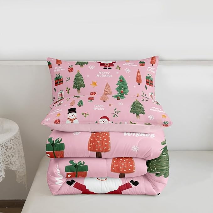 Feelyou Pink Christmas Comforter Set King Size Snowman Bedding Set for Kids Boys Girls Xmas Tree Duvet Quilt Bedroom Decor Microfiber 3 Pcs with 2 Pillow Cases