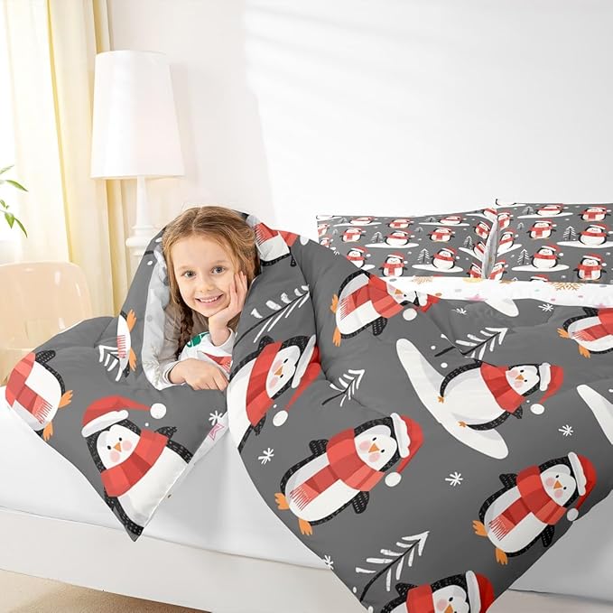 Feelyou Christmas Comforter Set All Season Penguin Bedding Set with 1 Pillow Cases Snowflake Microfiber Kids Twin Bedclothes Pine Tree Bedroom Decor Duvet Quilt Breathable Soft Lightweight