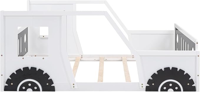 Full Car Bed, Full Size Kids Bed, Classic Car-Shaped Platform Bed with Wheels, Wood Full Montessori Bed, Full Floor Bed Frame for Boy Girls, White+Black